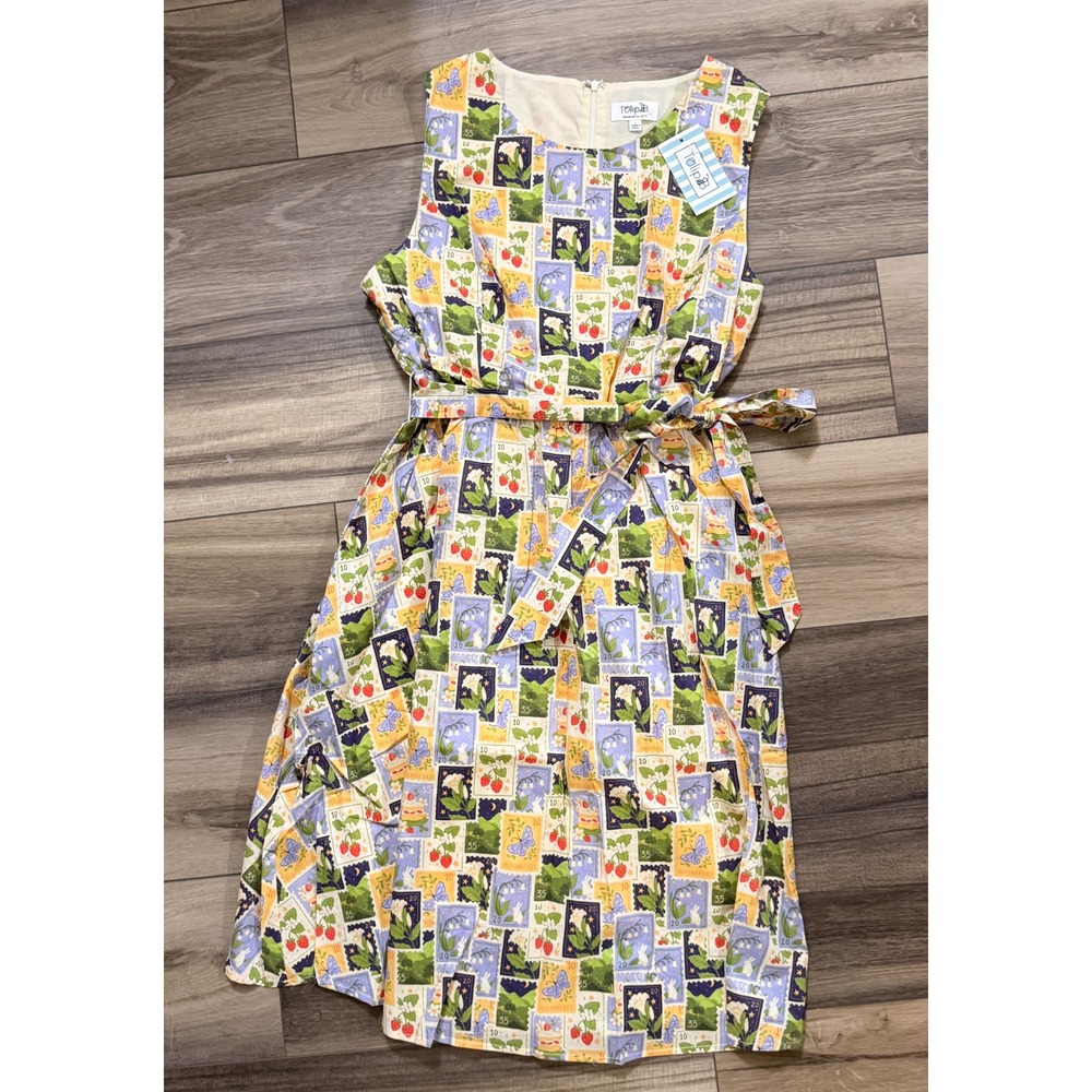 TulipB NWT Stamp Print Cotton Fit & Flare Dress Belted Size L Retro - Picture 2 of 10